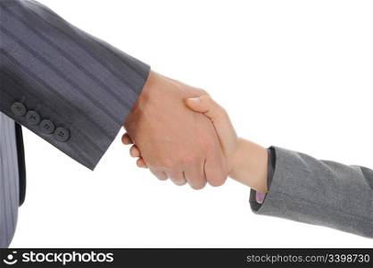 Handshake man and boy. Isolated on white background