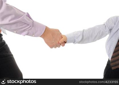 Handshake man and little boy. Isolated on white