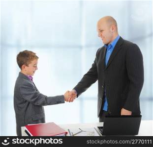 Handshake man and little boy. Isolated on white background