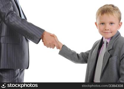 Handshake man and little boy. Isolated on white background