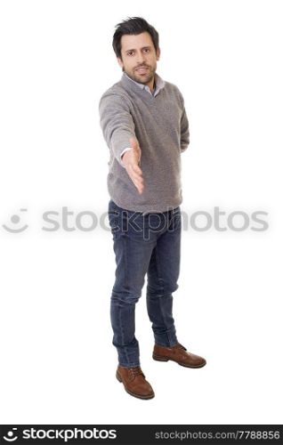 handshake of a happy casual man full body  in a white background