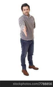 handshake of a happy casual man full body in a white background