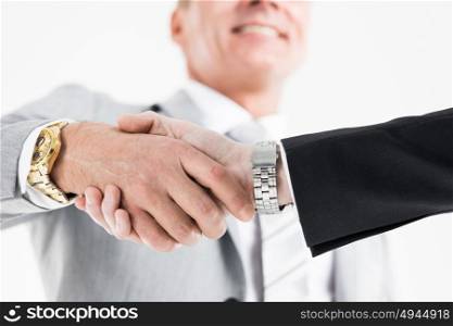 Handshake of business partners. Handshake of business partners after striking deal, close up view