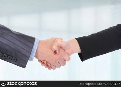 Handshake of business partners, men and women in the office