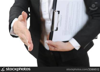 Handshake of business partners, when signing documents. Isolated on white background