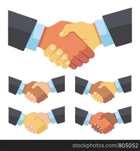 Handshake of businessmen of different races. Business team, agreement and big deal vector flat concept. Black and white hand partnership illustration. Handshake of businessmen of different races. Business team, agreement and big deal vector flat concept