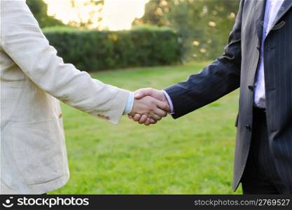 Handshake of two men in a green park