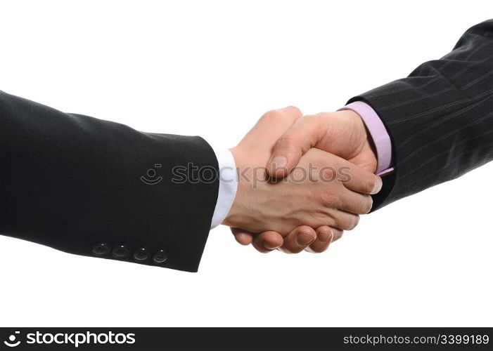 Handshake of two men in black suits. Isolated on white background