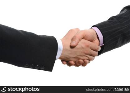 Handshake of two men in black suits. Isolated on white background