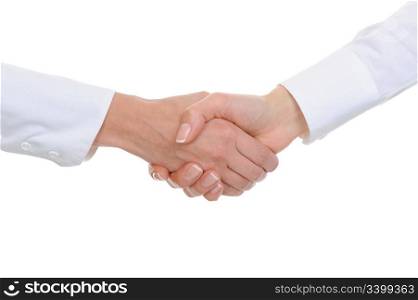 Handshake of women business partners in the office. Isolated on white background