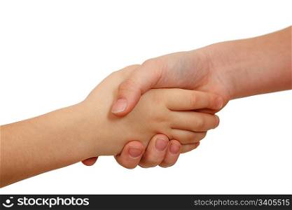 Handshake on white background. Children&acute;s hands. Close-up.
