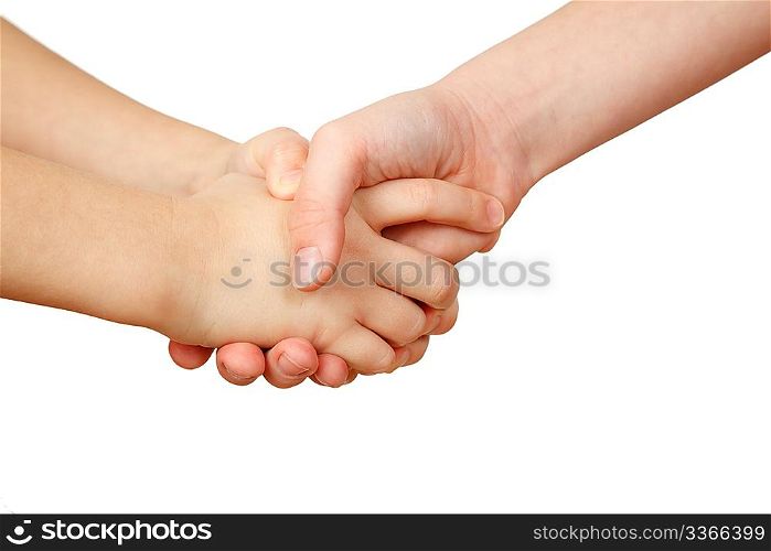 Handshake on white background. Children&acute;s hands. Two hands grip other hand,