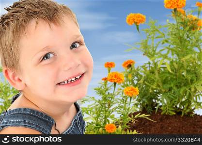 Handsome 4 year old american boy sitting in marigold garden.