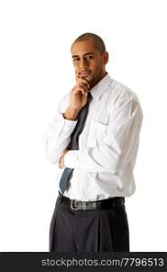 Handsome African Hispanic business man in white shirt, gray pants and tie, standing with hands on chin thinking, isolated