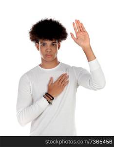 Handsome afro guy with his right hand on the heart and raising the other hand
