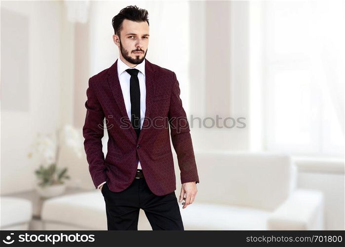 Handsome and elegant fashionable man or businessman posing in luxury interior of a bright room ( mixed).