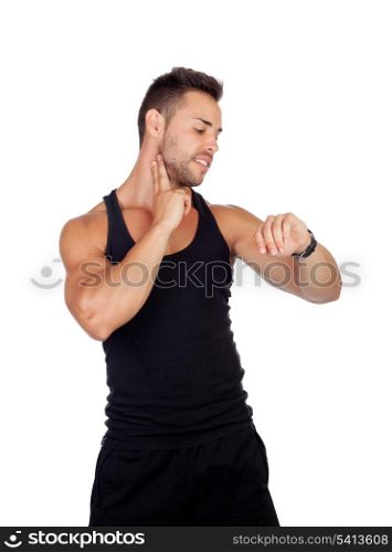 Handsome athlete measuring the pulse isolated on a white background