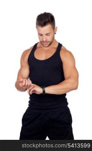Handsome athlete measuring your pulse isolated on a white background