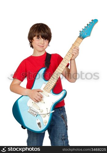 Handsome boy whit electric guitar a over white background