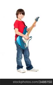 Handsome boy whit electric guitar a over white background