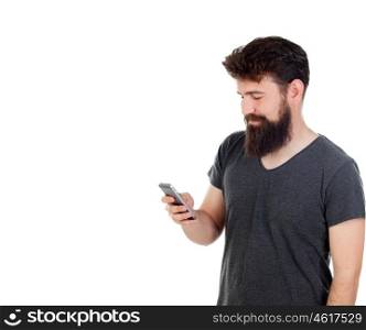 Handsome boy with long beard and a mobile isolated on white