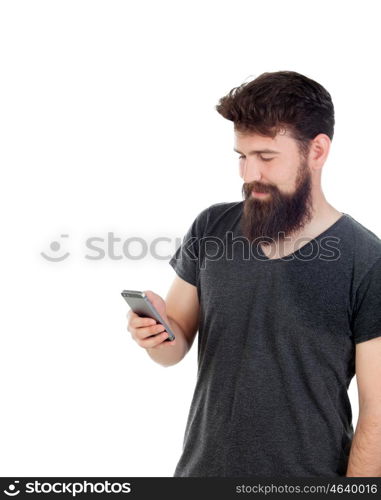 Handsome boy with long beard and a mobile isolated on white