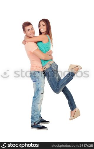 Handsome boyfriend lifting his girlfriend in his arms isolated on a white background