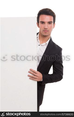 Handsome business man presenting your product on a white board