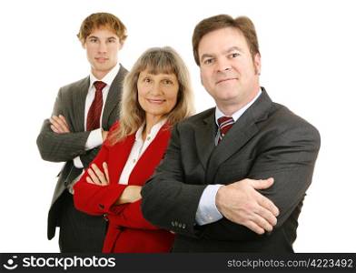 Handsome businessman confidently leads his team. Isolated on white.