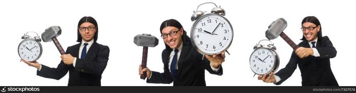 Handsome businessman holding hammer and alarm clock isolated on white. Handsome businessman holding hammer and alarm clock isolated on 