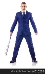 Handsome businessman with bat on white