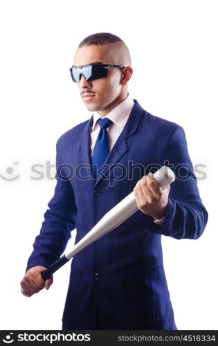 Handsome businessman with bat on white