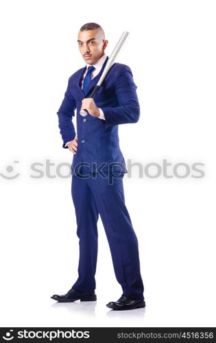 Handsome businessman with bat on white