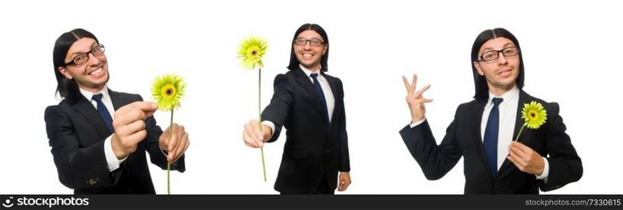 Handsome businessman with flower isolated on white