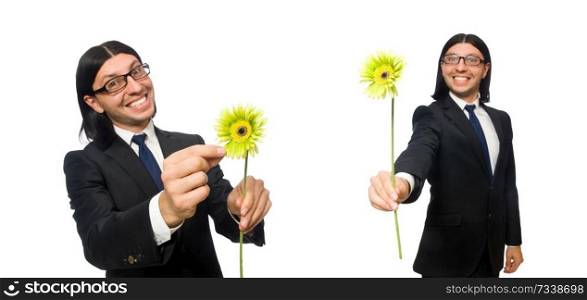 Handsome businessman with flower isolated on white
