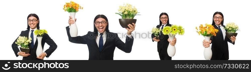 Handsome businessman with flower pot isolated on white