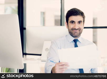 Handsome businessman with papers in office