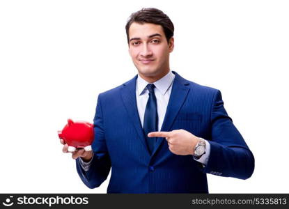 Handsome businessman with piggybank isolated on white