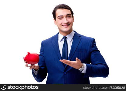 Handsome businessman with piggybank isolated on white