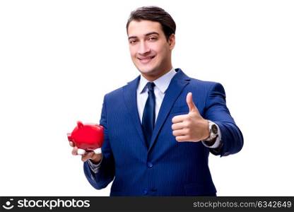Handsome businessman with piggybank isolated on white