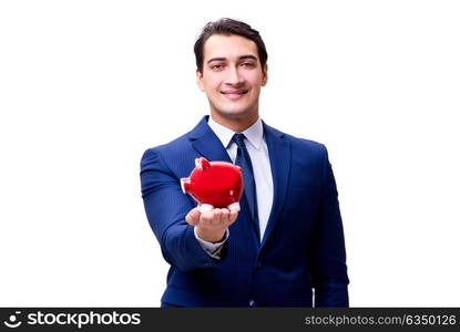 Handsome businessman with piggybank isolated on white