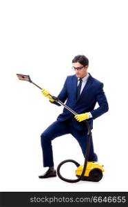Handsome businessman with vacuum cleaner isolated on white background. Handsome businessman with vacuum cleaner isolated on white backg