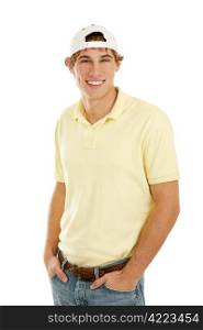 Handsome casual college age young man. Isolated on white.