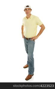 Handsome casual college aged male. Full body isolated on white.