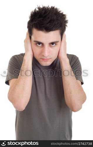 handsome casual man in hear no evil pose (isolated on white background)
