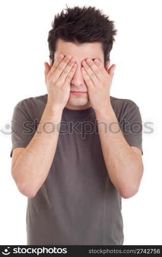 handsome casual man in see no evil pose (isolated on white background)