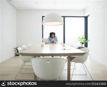 Handsome casual young man using a mobile phone in homemade office at luxury home