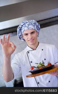 Handsome chef dressed in white uniform decorating pasta salad and seafood fish in modern kitchen