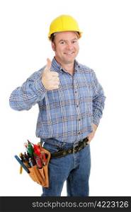 Handsome construction worker giving thumbsup sign. Isolated on white.
