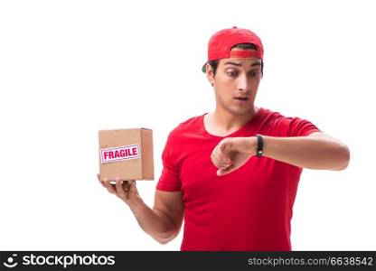 Handsome contractor holding fragile box isolated on white 
